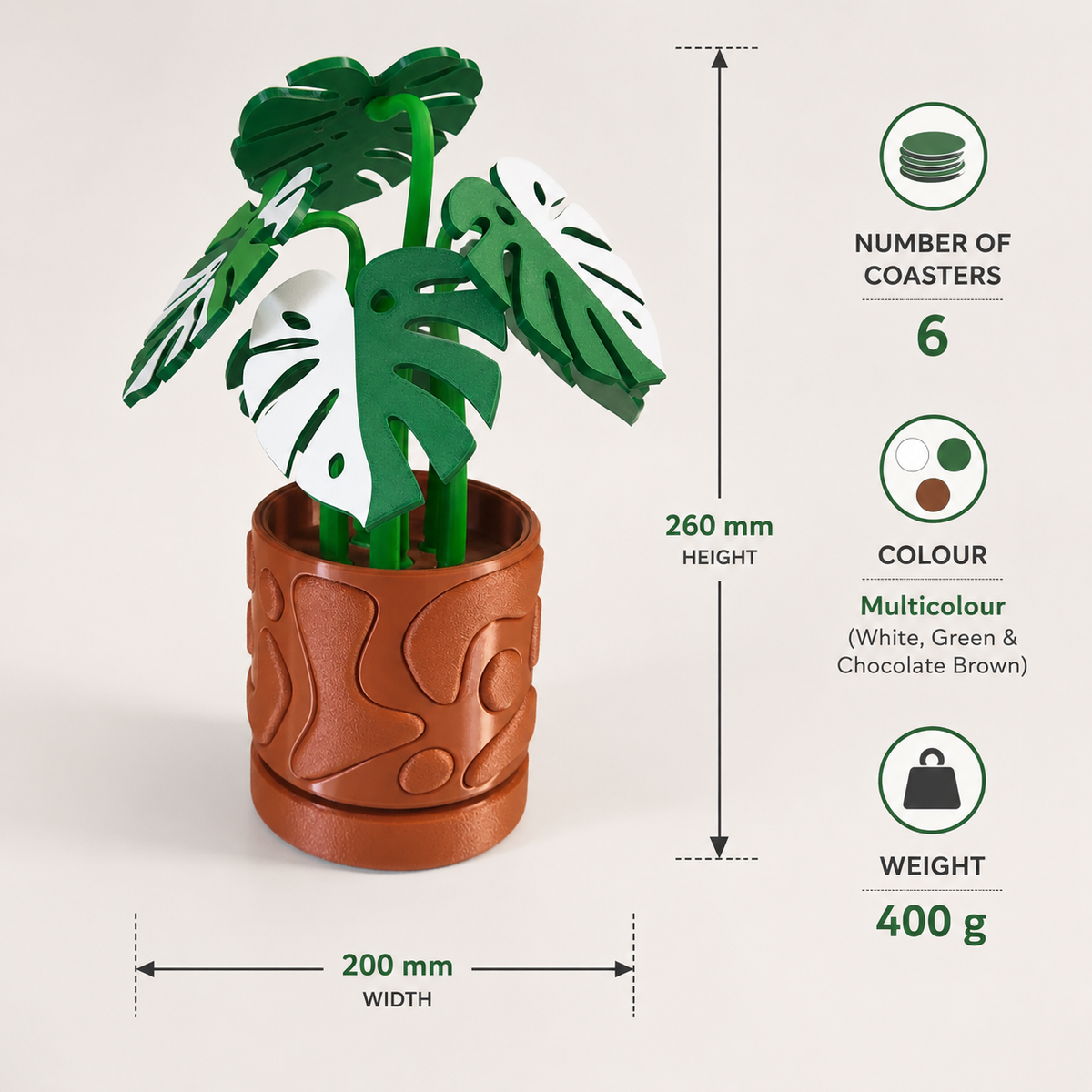 Monstera Plant Coaster Set with Decorative Pot | Gixel Labs