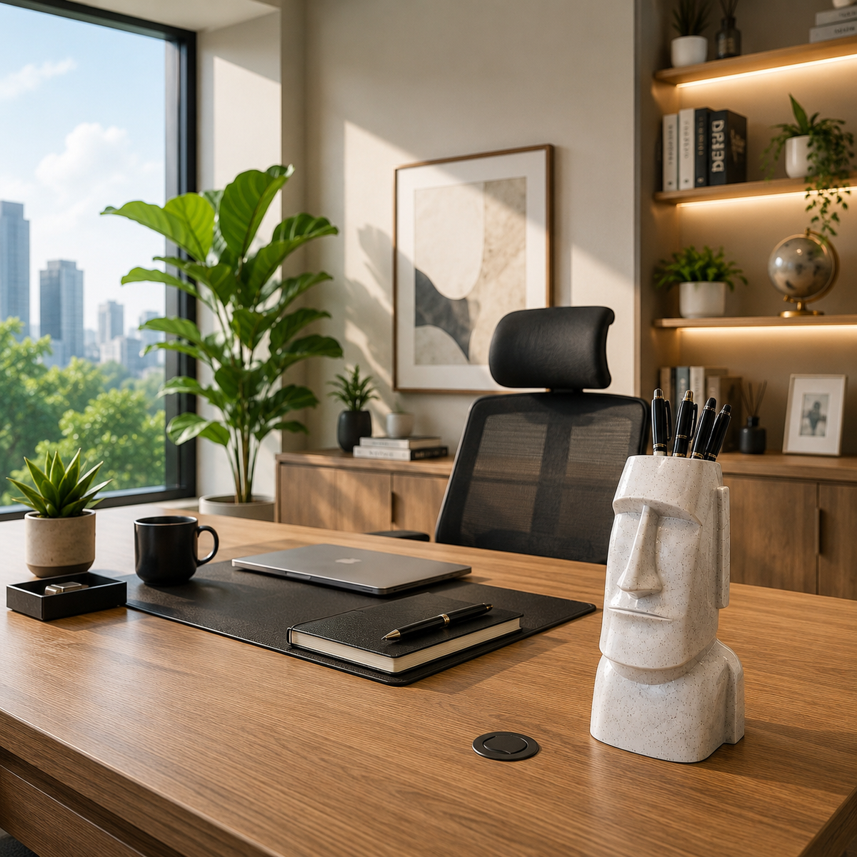 Stone Face Pen Holder | Moai Desk Organizer | Marble White