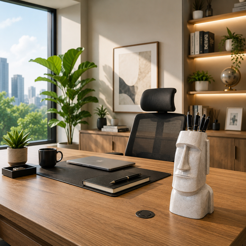 Stone Face Pen Holder | Moai Desk Organizer | Marble White