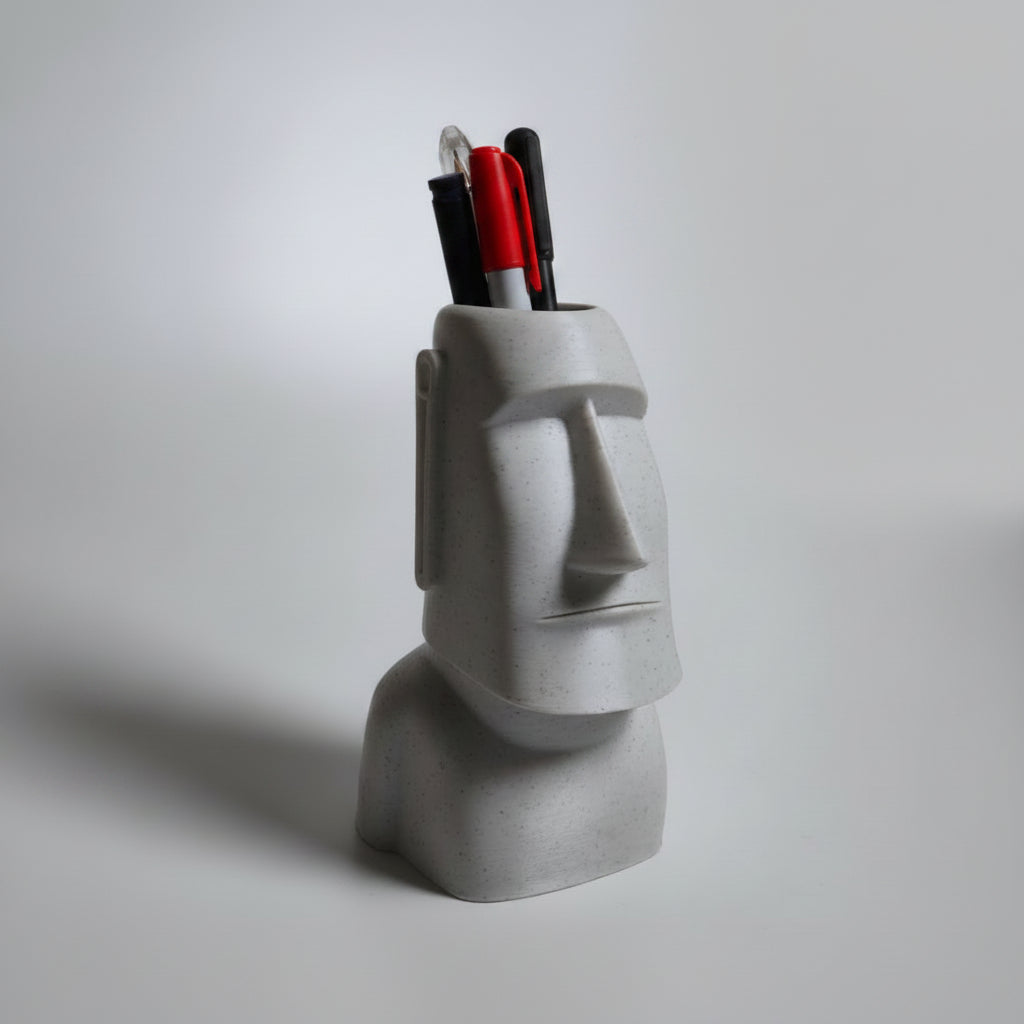 Stone Face Pen Holder | Moai Desk Organizer | Marble White