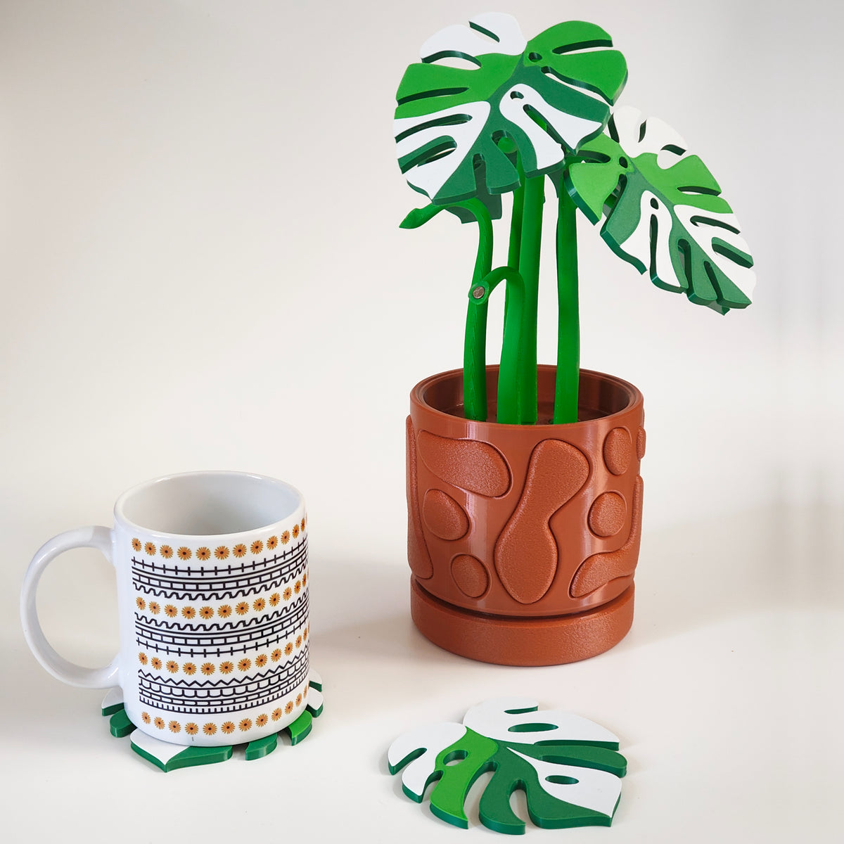 Monstera Plant Coaster Set with Decorative Pot | Gixel Labs