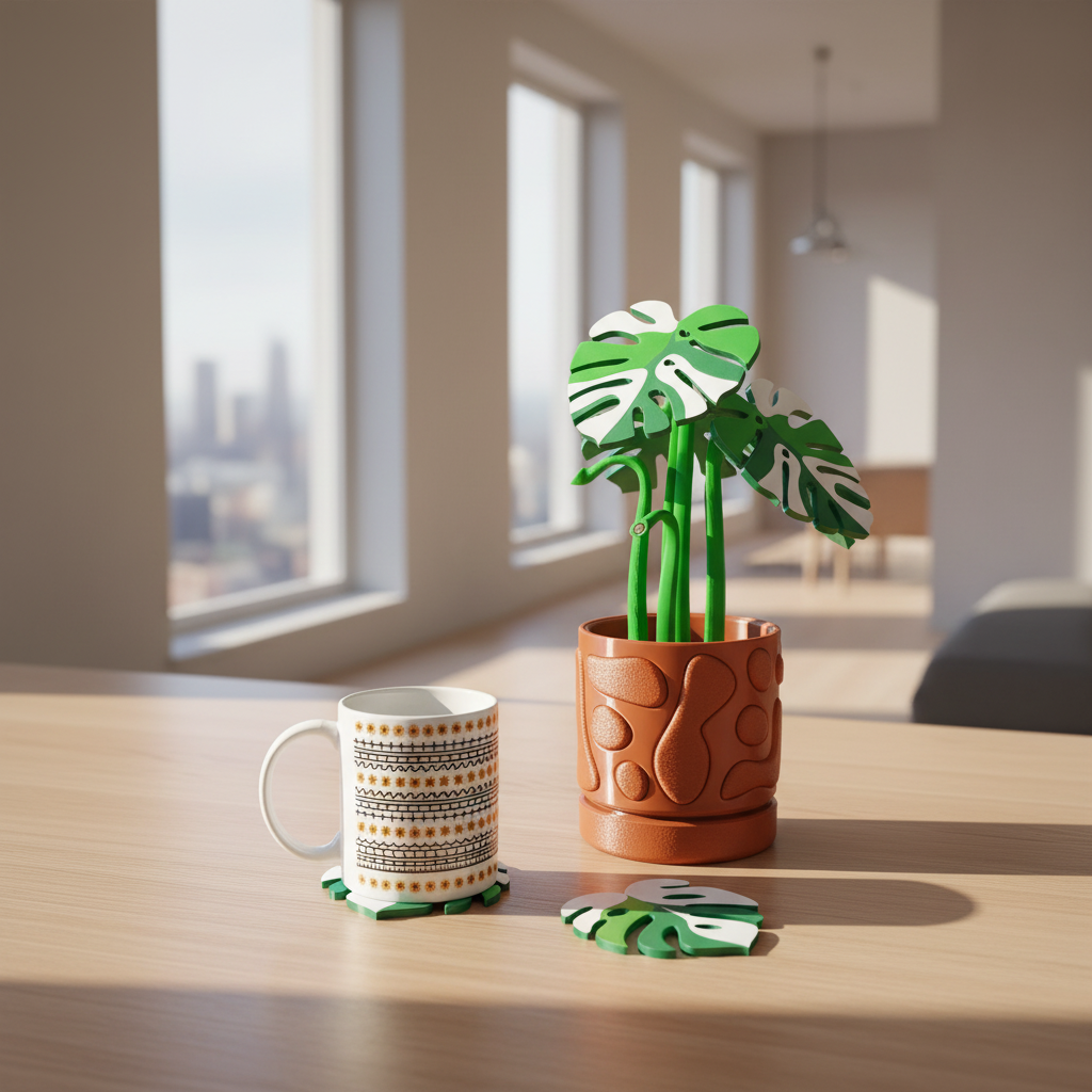 Monstera Plant Coaster Set with Decorative Pot | Gixel Labs