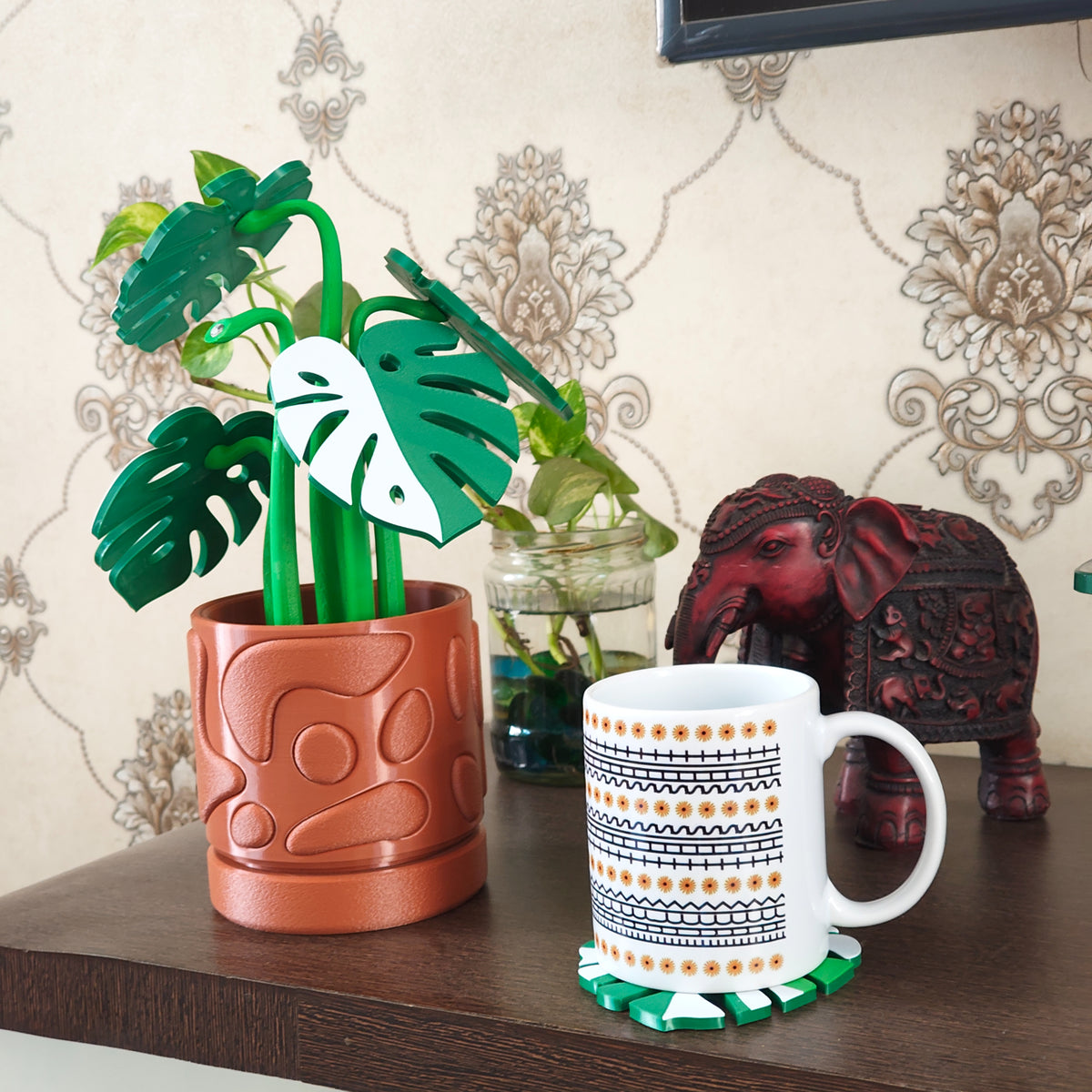 Monstera Plant Coaster Set with Decorative Pot | Gixel Labs