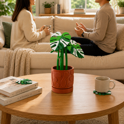 Monstera Plant Coaster Set with Decorative Pot | Gixel Labs